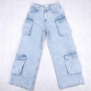 Forever 21 Premium Wide Straight Leg Cargo Jeans Sz 28 Blue Lt Wash Streetwear